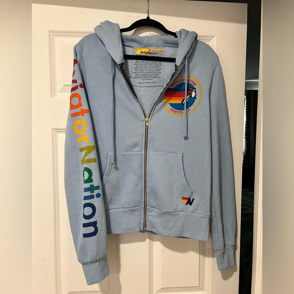 Aviator Nation Tops - EUC Aviator Nation Light Blue Hoodie with Multicolor Arm Logo